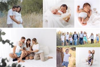 Schwangeres Paar auf Wiese, Baby in Körbchen, lächelndes Baby, Familie mit Baby im Arm, Familie auf Wiese, Kinder